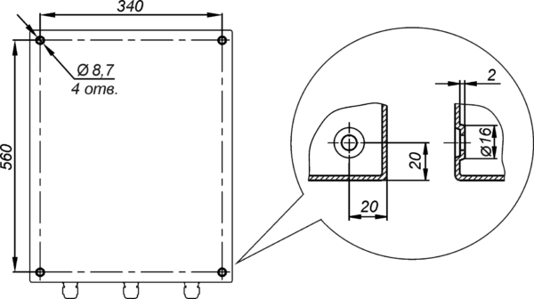Отверстия для крепления к стене предусмотрены на задней стенке термошкафа ТШ-38.60.35.160