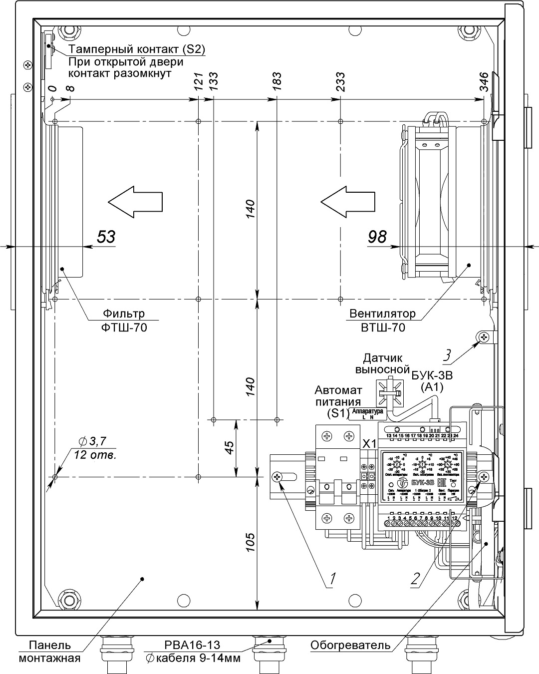 Устройство термошкафа ТШ-3В (дверь открыта на 90°)